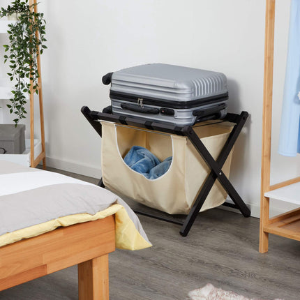 Black suitcase rack with laundry bag