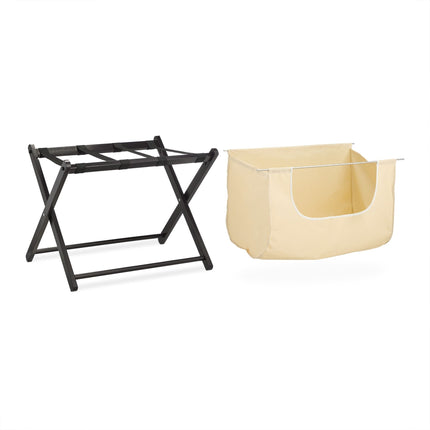 Black suitcase rack with laundry bag