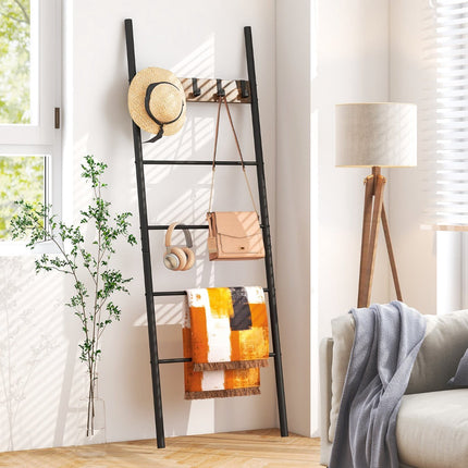 Blanket Ladder, 5-Tier Wall-Leaning with 5 Removable Hooks