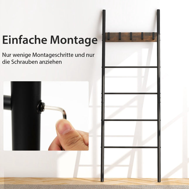 Blanket Ladder, 5-Tier Wall-Leaning with 5 Removable Hooks