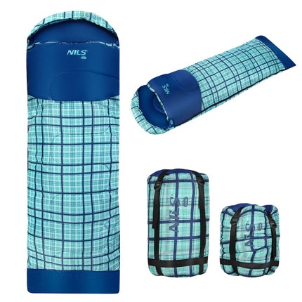 Blue Chequered Sleeping Bag, Lightweight, Compact