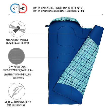 Blue Chequered Sleeping Bag, Lightweight, Compact