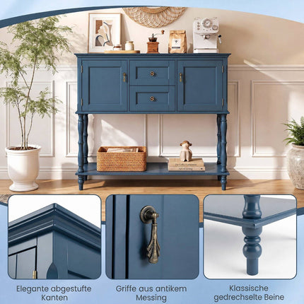 Blue Console Table with 2 Drawers, Cabinets & Shelf