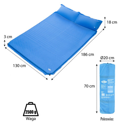 Blue Double Self-Inflating Mat with Pillow, Camping