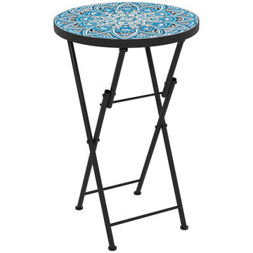 Blue Mosaic Folding Metal Table, Weather Resistant - Indoor/Outdoor