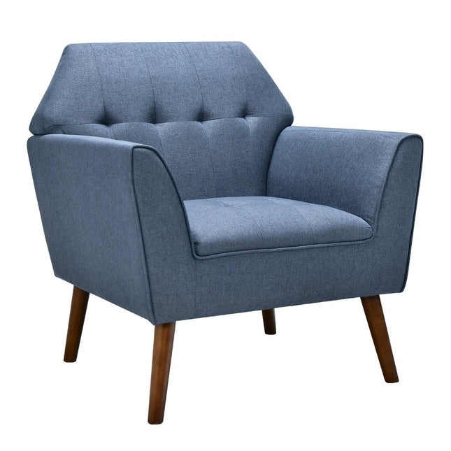Blauwe gestoffeerde fauteuil met poten van rubberhout, 76x74x84 cm