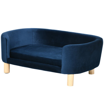 Blue Velvet Dog Sofa with Backrest and Wood Legs