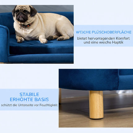 Blue Velvet Dog Sofa with Backrest and Wood Legs