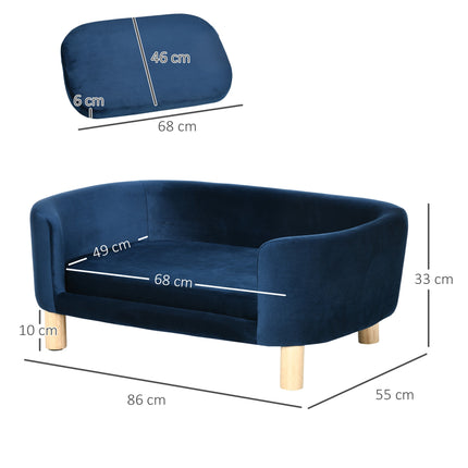 Blue Velvet Dog Sofa with Backrest and Wood Legs