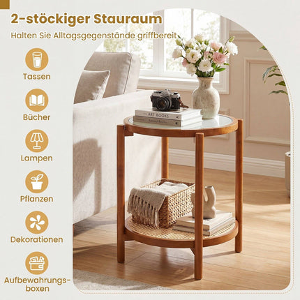 Boho 2-Tier Side Table with Tempered Glass Top, Walnut