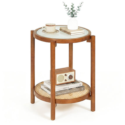 Boho 2-Tier Side Table with Tempered Glass Top, Walnut