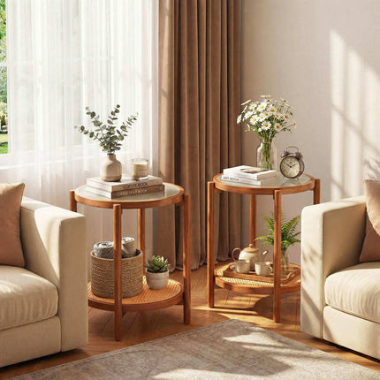 Boho 2-Tier Side Table with Tempered Glass Top, Walnut