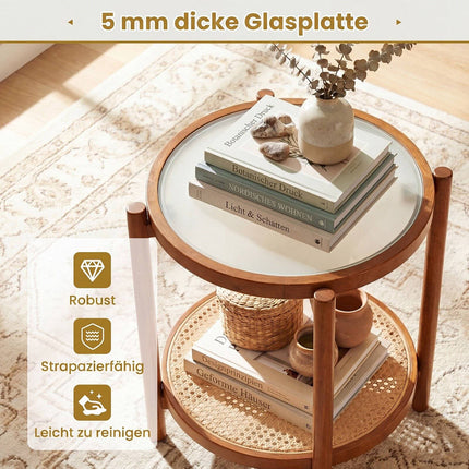 Boho 2-Tier Side Table with Tempered Glass Top, Walnut