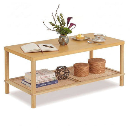 Boho Coffee Table with Rattan Shelf and Rubber Wood Frame