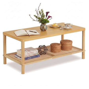 Boho Coffee Table with Rattan Shelf and Rubber Wood Frame