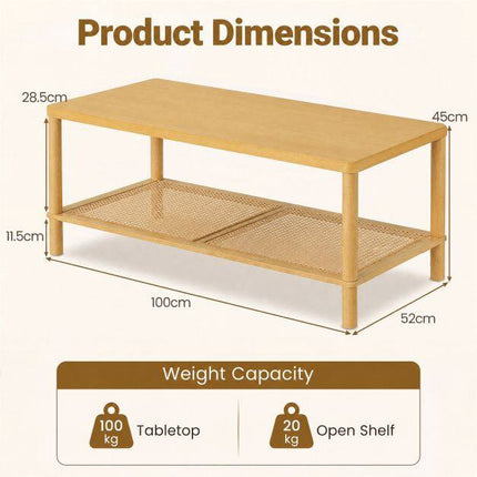Boho Coffee Table with Rattan Shelf and Rubber Wood Frame