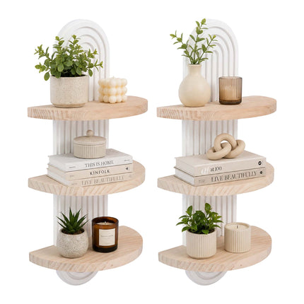 Boho Floating Wall Shelf Set, 2pc Pine, White/Brown