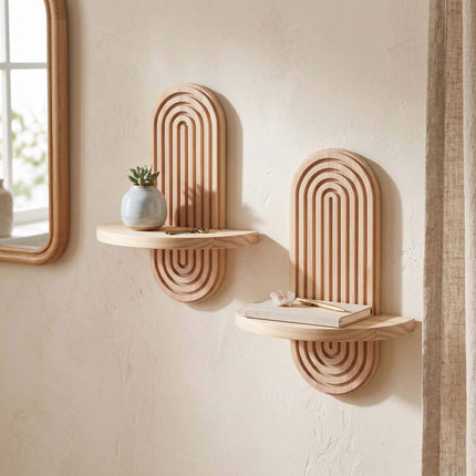 Boho Floating Wall Shelf Set, 2pc Pine, White/Brown