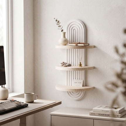 Boho Floating Wall Shelf Set, 2pc Pine, White/Brown