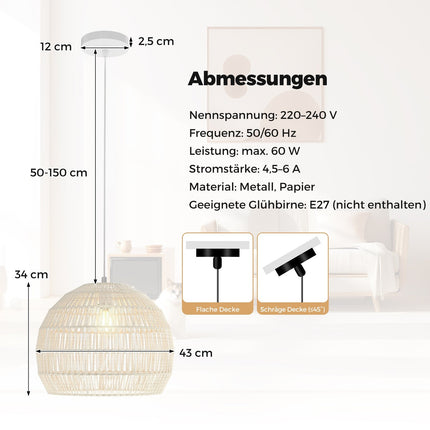 Boho Pendant Light, Adjustable Height, Paper Shade