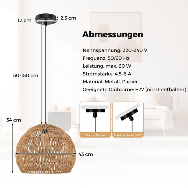 Boho Pendant Light, Adjustable Height, Paper Shade