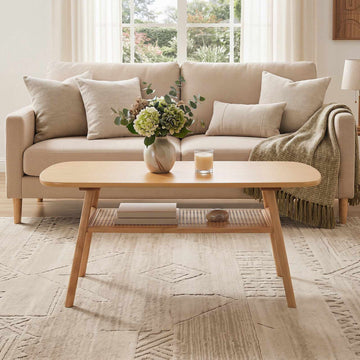 Boho Rattan Coffee Table, 2-Tier, Rounded Corners, Natural