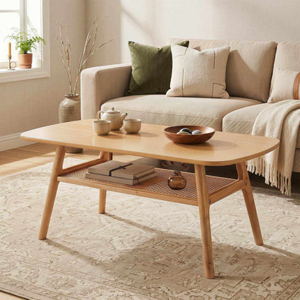 Boho Rattan Coffee Table, 2-Tier, Rounded Corners, Natural