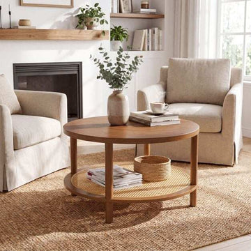 Boho Rattan Coffee Table with Storage Shelf, Walnut Finish