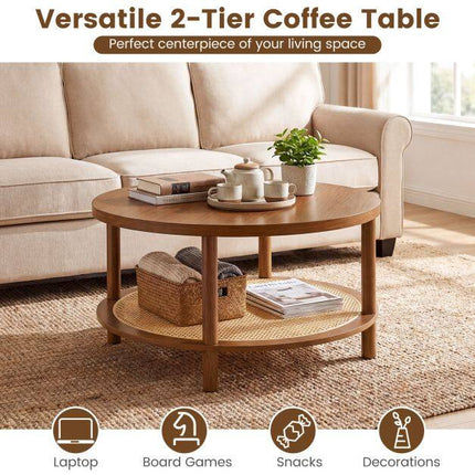 Boho Rattan Coffee Table with Storage Shelf, Walnut Finish