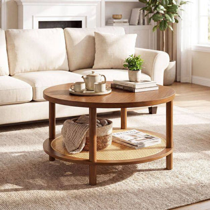 Boho Rattan Coffee Table with Storage Shelf, Walnut Finish