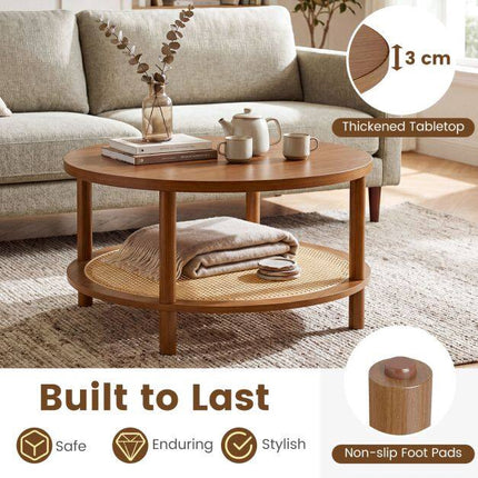 Boho Rattan Coffee Table with Storage Shelf, Walnut Finish