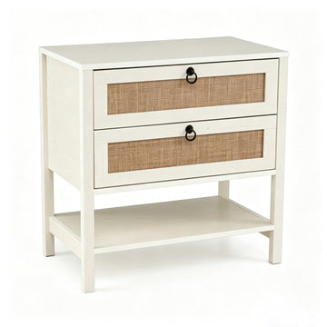Boho Rattan Nightstand with 2 Drawers & Shelf, White Oak