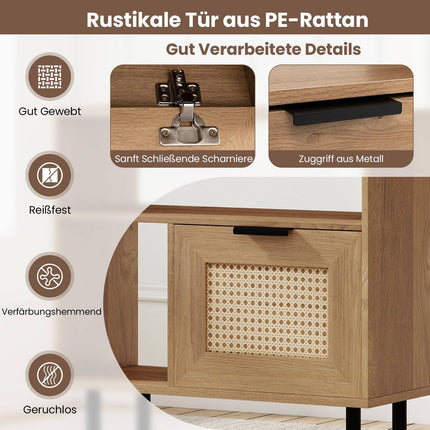Boho Rattan Nightstand with Storage Shelf & Metal Legs