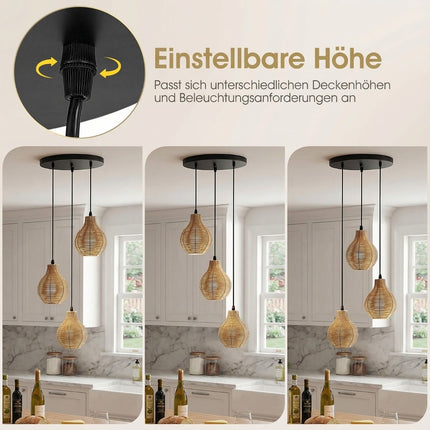Boho Rattan Pendant Light, 3-Light, Adjustable Height