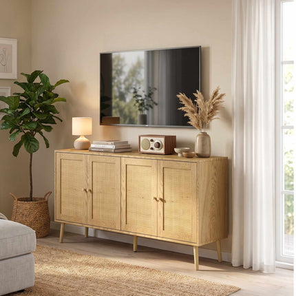 Boho Rattan Sideboard with Adjustable Shelves, Natural Wood