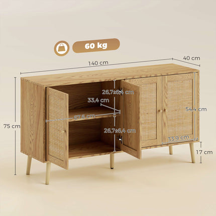 Boho Rattan Sideboard with Adjustable Shelves, Natural Wood