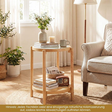 Boho Round Side Table with Tempered Glass Top, Natural