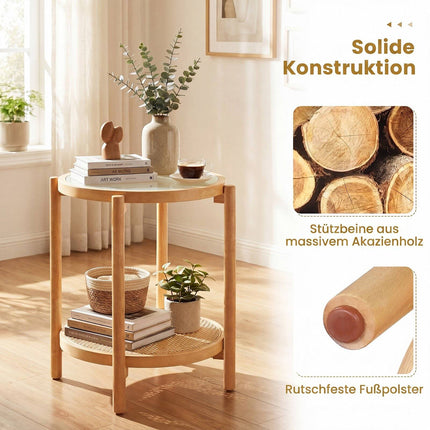 Boho Round Side Table with Tempered Glass Top, Natural