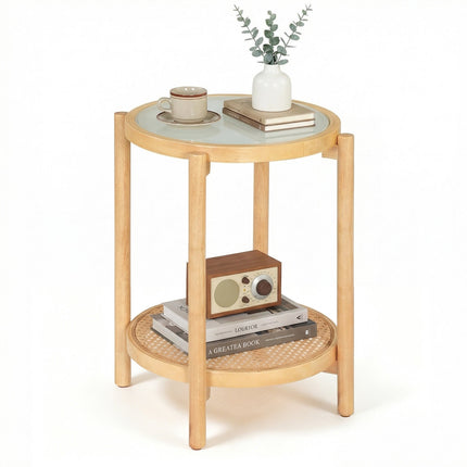 Boho Round Side Table with Tempered Glass Top, Natural