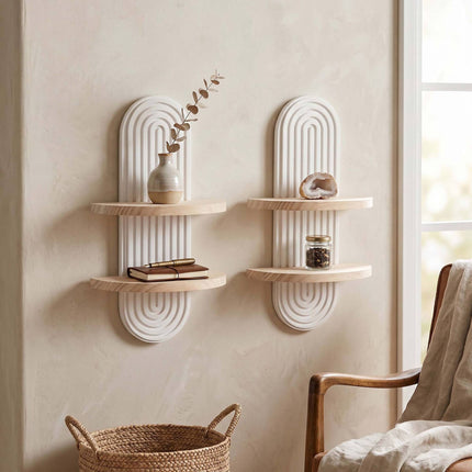 Boho Wall Shelf Set, 2pc – Natural Pine, White/Brown