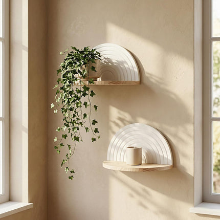 Boho Wall Shelves, Set of 2 – White & Natural Pine