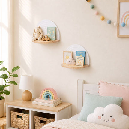Boho Wall Shelves, Set of 2 – White & Natural Pine