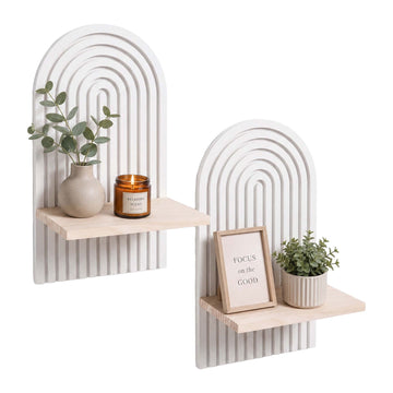 Boho Wooden Wall Shelf Set, Natural White, 2 Pieces