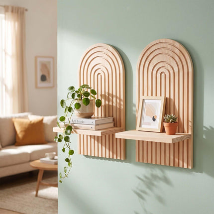 Boho Wooden Wall Shelf Set, Natural White, 2 Pieces