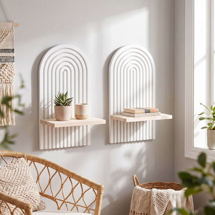 Boho Wooden Wall Shelf Set, Natural White, 2 Pieces
