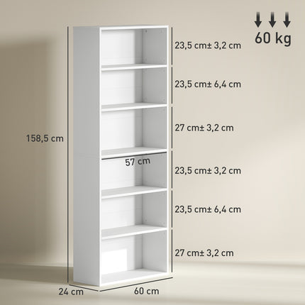 Bookcase, 6 compartments, adjustable shelves, chipboard, 60 x 24 x 158.5 cm, white