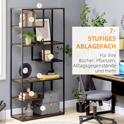Industrial 7-Tier Rustic Brown Bookcase - Kitchen & Living Room