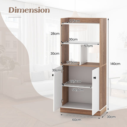 Bookcase With Double-Door Cabinet, 3-Tier, 60x30x140cm