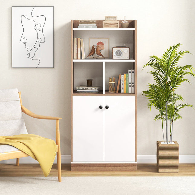 Bookcase With Double-Door Cabinet, 3-Tier, 60x30x140cm