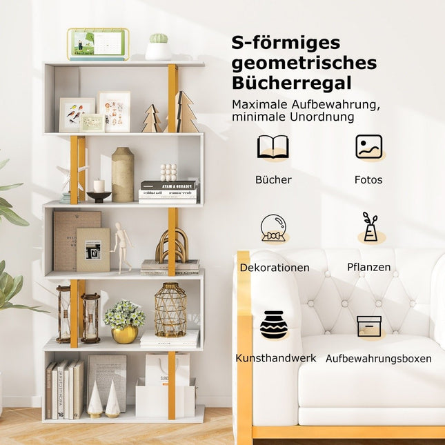 Bookcase white standing shelf with 5 levels S-shaped office shelf freestanding 70 x 24 x 157 cm
